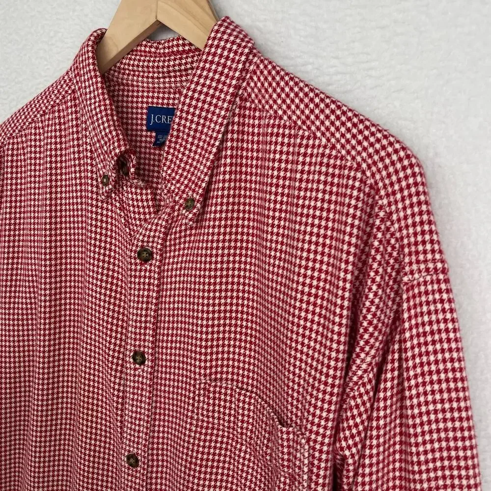 J.CREW Shirt Mens L Flannel Houndstooth Button Down Long Sleeve Cotton Red
